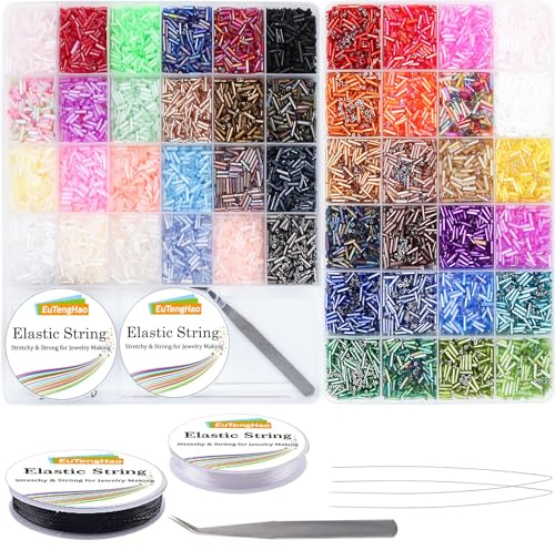 EuTengHao Tube Beads Kit, Glass Bugle Seed Beads Small Craft Beads for DIY Crafting Jewelry Making Supplies (7mm, 300 Per Color, 48 Colors)