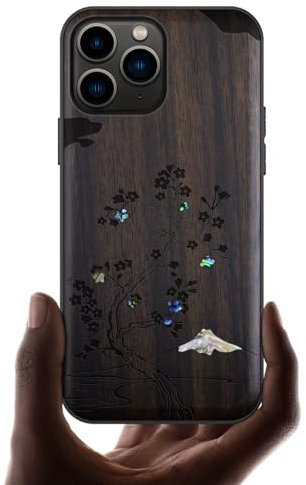 Carveit Coque Compatible avec iPhone 11 Pro Étui en Bois Cover [Gravure en Bois et Incrustation de Coquille] Case pour 11 Pro Coque Premium (Bois Sombre-Fleur de Cerisier)