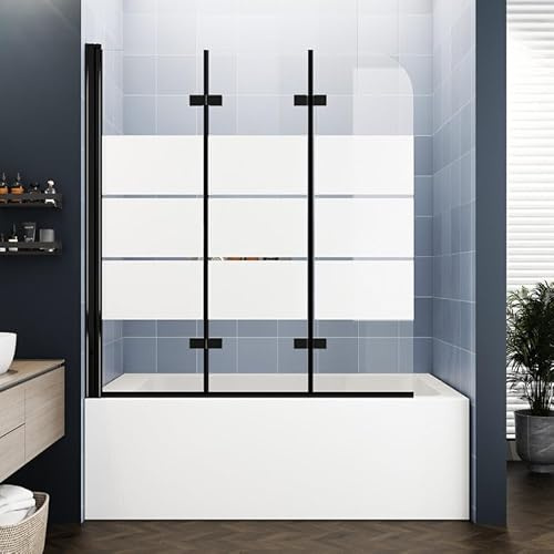 Foskbaths Bathtub Shower Door, Semi-Frameless Bypass 48 W x 55 H Foldable Hinged Bathtub Glass Door 1/4 Tempered Glass Shower Door with Explosion-Proof Film Matte Black Print