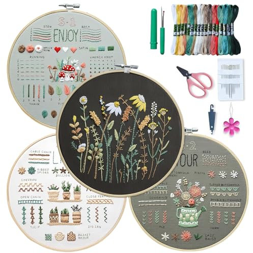 Stickset für Anfänger, 4 Sets Sticken Set, Stickerei Set Erwachsene, Blumenmuster Pflanzen Embroidery Kit, Vorgedruckt Kreuzstich-Sticksets, mit Stickrahmen, Werkzeug und Anleitung, für DIY Sticken
