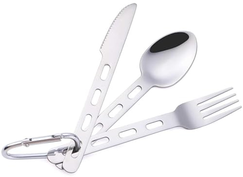 JYTDBCS 3Pcs Camping Cutlery Set Stainless Steel Flatware Travel Cutlery Set Tableware Kit for Knife, Fork and Spoon Set with Carabiner for Hiking Picnic, Office On-The-Go
