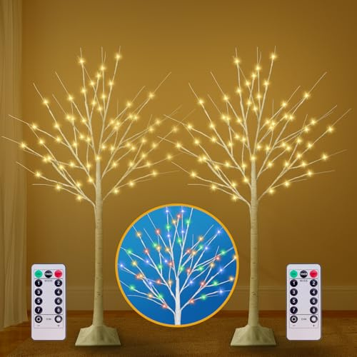 2 Stück beleuchteter Birkenbaum, 122 cm, Birkenbaum mit 60 LED-Lichtern, 8 Blitzmodi und Timer, vorbeleuchteter Zweig Weihnachtsbaum für drinnen und draußen, Zuhause, Party, Garten, Hochzeit, Urlaub