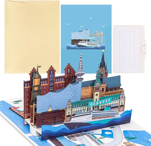 joyoldelf Hamburg Pop Up Karte - 3D Reisegutschein Geschenkkarte für Hamburg Reise oder Flitterwochen, Gutscheinkarte, Reise Gutschein zum Geburtstag, Hamburg Geschenk Karte für Urlaub