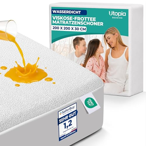 Wasserdichter Matratzenschoner aus Viskose-Frottee, 200 x 200 x 30 cm | Wasserdichter Matratzenschoner mit Rundum-Gummizug, Hotelqualität, Oeko-Tex-zertifiziert