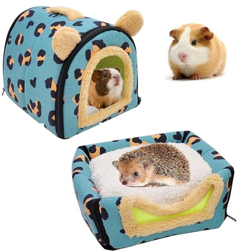 Tkxjry Marsvin sänggrotta, med avtagbar dragkedja marsvin hus, varmt hamsterhus, 26 x 26 x 26 cm liten djursäng, för dvärgkaniner, chinchilla, hamster (blått leopardmönster)