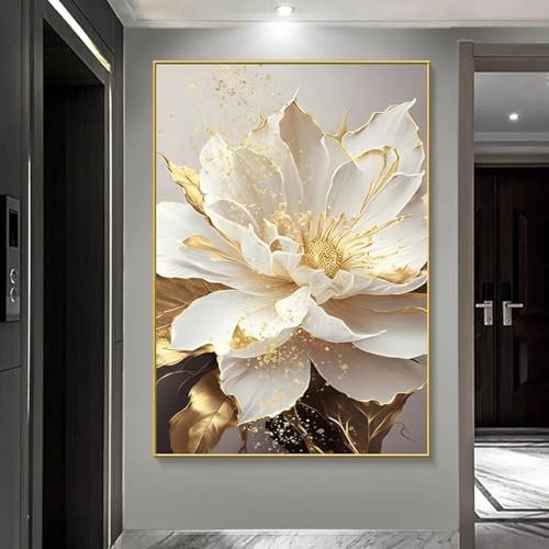 HYFBH Übergroßes Wandkunstwerk mit Goldrahmen, Blattgold, weiße Blumen, modernes Leinwandbild, Wandkunstdruck, Wohnzimmer-Heimdekoration, 60x90cm(24x35Zoll) mit Rahmen