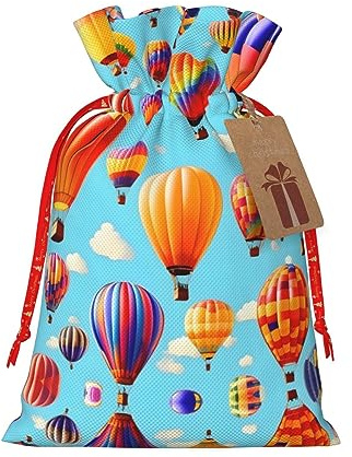 HJLUUFT Jutebeutel mit Heißluftballon-Druck, Weihnachtsgeschenktüte mit Kordelzug und Geschenkanhänger, Hochzeit, Weihnachten, Partyzubehör