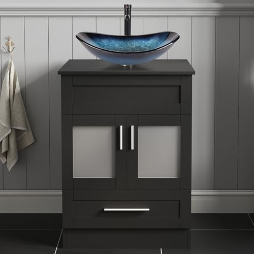 ARTETHYS Bathroom Sink Cabinet, 60cm Bathroom Storage Cabinet | Vanity Units with 2 Doors and a Drawer, Modern Black Cabinets Free Standing with Blue Countertop Basin