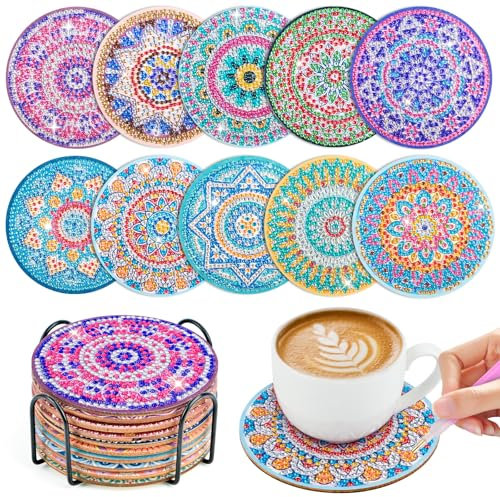 10 Stück Diamond Painting Untersetzer mit Halter, Wiederverwendbare Glasuntersetzer, Diamant-Malsets, DIY Mandala-Muster für Anfänger, Erwachsene & Kinder,Küche Wohnzimmer Dekoratio