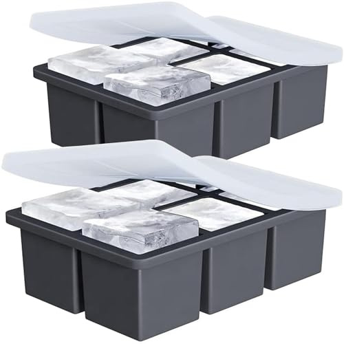 Large Ice Cube Tray for Whiskey: 2inch Large Square Ice Grid Big Silicone Ice Trays - 2Pack Silicone Old Fashioned Ice Cube Trays - 2inch Huge Cubed Ice Trays for Whiskey, Cocktails & Drinks (6 grids)