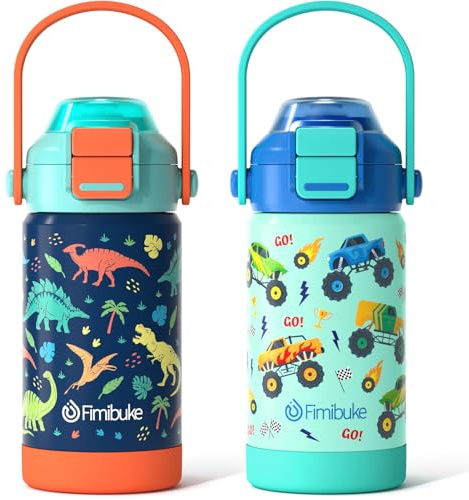 Fimibuke Kids Insulated Water Bottle with Pop-Open Straw & Spout 2-in-1 Lid, 14oz Leak Proof 18/8 Stainless Steel Vacuum Tumbler, BPA-Free Kids Cup For Travel School Girls Boys Toddler 2 Packs