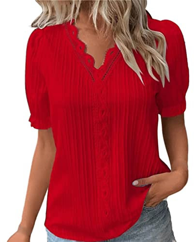 Ladies Tops,Womens Tops,lace top,Dressy Summer top Oversized t Shirts for Women UK Womens t-Shirt Solid Basic v Neck Ladies t Shirts Clothes tee Red XL