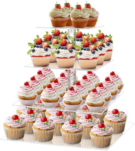LATERN 4 Livelli Alzata per Cupcake, Quadrata Torre per Cupcake in Acrilico Alzata Trasparente a Più Livelli Porta-Torte Riutilizzabile per Matrimoni Compleanni Baby Shower Halloween Feste