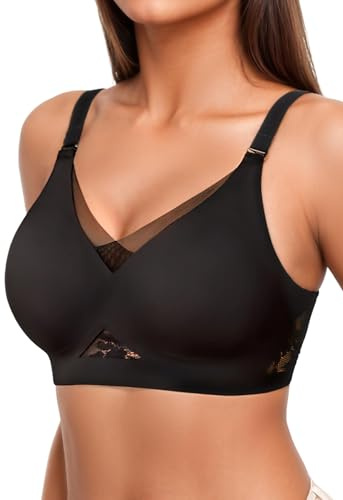 SHARICCA Bras for Women Seamless Push Up Bra Non Wired Full Coverage Lace Wireless Bralettes T Shirt Soft Comfort Support Bras,Black with Skin Lace Trim,M