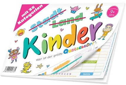 Quatschkopf Kinder, Stadt Land Fluss Kids Junior Variante, Spielblock mit 35 witzigen und kreativen Kategorien, Geschenkidee Kinder und Familien, großer Block DIN A4, Spiel ab 9 Jahre