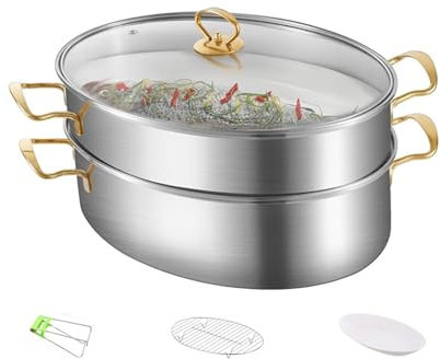 Vaporizador de pescado de acero inoxidable, utensilios de cocina ovalados multiusos con tapa, estante de 2 niveles para sartén de cerámica, olla de stock, perfecto para cocinar y cocinar al vapor