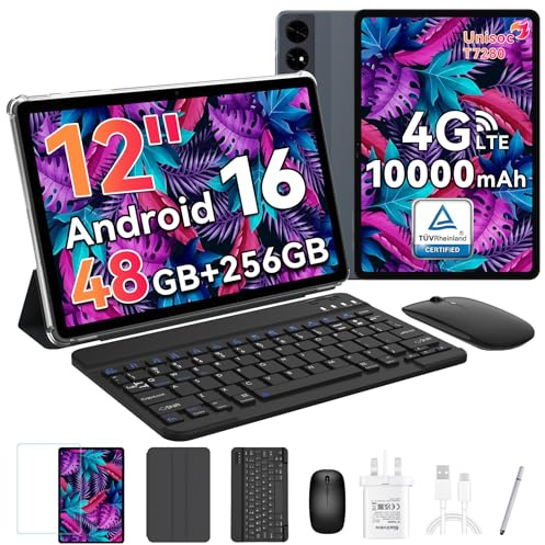 12 Inch Tablet, 2.5K(2400x1600)90Hz Android 16 Tablet Large Screen, For Gaming, Drawing And Painting, 48GB+256GB, 10000mAh/18W, 16+8MP, Octa Core T7280 Tablets with Keyboard,Mouse&Pen, 4 year Warranty