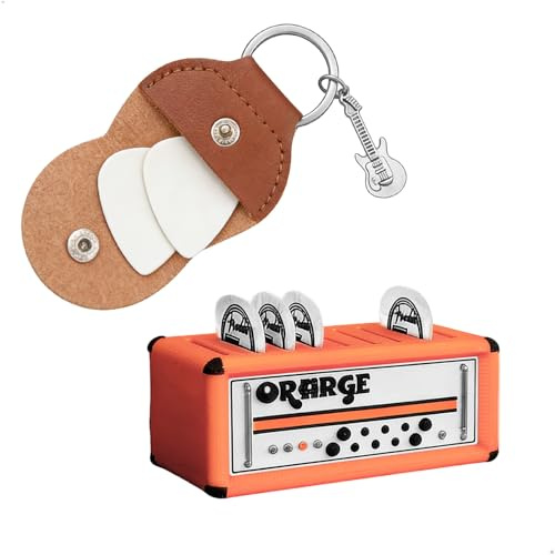 letuxaamz Plektrum hållare, gitarr plockhållare och nyckelhänge gitarrset, snygg förstärkardesign arrangör med 9 fack, plus läderfodral och gitarrhänge, i brunt