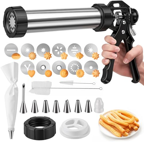 BORDRISE Churros Maker Tortenspritze,3-in-1 Gebäckpresse mit Füllfunktion,304 Edelstahl Sahnespender,Churro Gun mit 11 Formscheiben 7 Spritzdüsen, für Kekse Donuts Füllung Hobbybäcker