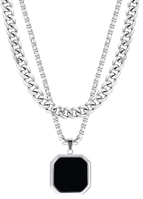 Halskette Herren Schwarz Edelsath Kette : Punk Minimalist Männer Kette mit Anhänger Silber, Mehrreihige Layer Link Halskette Kubanische Ketten, Geschenk für Freund, Papa, Mann, Vatertag, Weihnachten