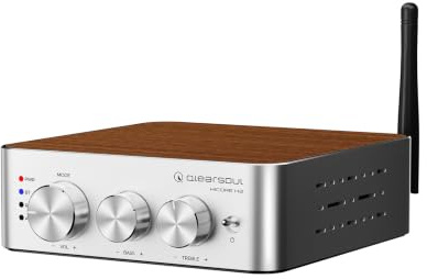 Qlearsoul HiCore H2 Bluetooth 5.4 Hi-Fi Amplificador estéreo — TI TPA3255 Clase D, salida nominal de 100 W x2 (@4Ω), modo BT antisecuestro, RCA/AUX/BT Hub de 3 entradas para altavoces pasivos, incluye