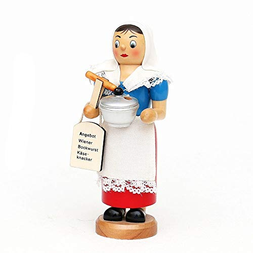 Wichtelstube-Kollektion Holz Räucherfrau Räuchermann Räuchermännchen Räucherfigur De Würschtle Fraa mit rauchendem Wurstkessel 8 x 6 x 19 cm