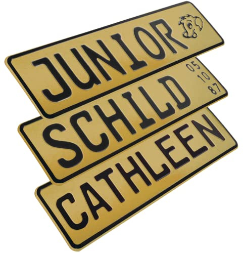 1 Stück Kennzeichen Junior-Schild 34cm x 9cm Bohrung Farbwahl Wunschtext Wunschprägung Muster Datum Namenskennzeichen Bohrung / Saugnäpfen Namensschild Bobbycar Kettcar FUN Schild in Gold F14