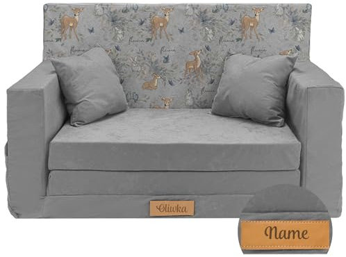 Flumi Personalisierte Kindercouch Kinder Sessel Sofa Schlafsofa jugendzimmer mit Gravur KINDERNAME Spielsofa für Kinderzimmer Schlafsessel Bettfunktion Kindermöbel 92x40x60 Mikrofaser (GRAU + REHE)