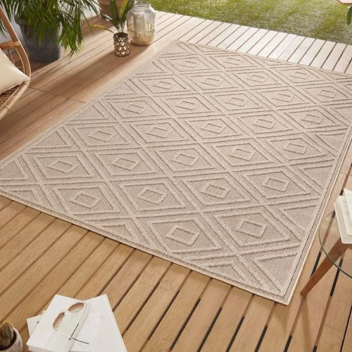 SIMPEX Outdoor Teppich, Rauten Design, Beige, 240 x 340 cm, Skandinavischer Stil, für Küche, Balkon, Terrasse, Garten, Picknick