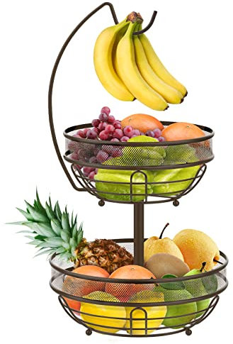 Bomclap Alzata per frutta a 2 ripiani, cestino per frutta con porta banana, 2 ripiani, ciotola per frutta in metallo, ciotole rimovibili in piedi, per la cucina, per la conservazione giornaliera, per