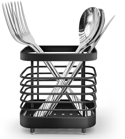 Simpcozy Utensil Holder, Stainless Steel Cutlery Drainer Sink Caddy, Rust Proof Sink Tidy Kitchen Sink Organiser, Cutlery Organiser for Kitchen Utensil (Black)