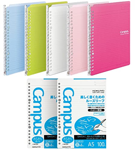 KOKUYO Smart Ringbuch plus Nachfüllblätter lose Blätter, B5, 26 Löcher, 4-farbiges Set, japanischer Import (helle Farben und 100 Blatt, B5) (Vollfarbig mit Nachfüllpapier, A5)