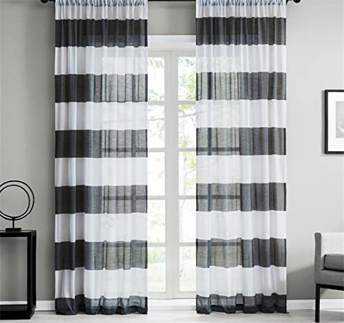KEKUYA Voile Gardinen Vorhang halbtransparent 2er Set Vorhänge aus Gaze Stoff mit Ösen Atmungsaktiv Luftig Dekoschal für Wohnzimmer Schlafzimmer Kinderzimmer- Schwarz -Weiß -Streifen(B116 x H138cm)