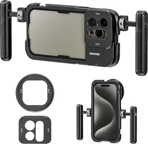 NEEWER 15 Pro Max Phone Cage Video Rig with Dual Handles Compatible with iPhone 15 Pro Max, Metal 67mm Filter Adapter, 17mm Lens Backplane, Phone Rig Smartphone Stabilizer for Video Recording, PA024K