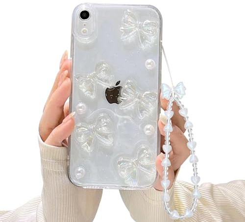 Ownest Hülle Kompatibel mit iPhone XR Case mit Kette Cute Schleifen und Perlen Aesthetic Muster für Frauen Teenager Mädchen Glitzer Glitzer Handyhülle