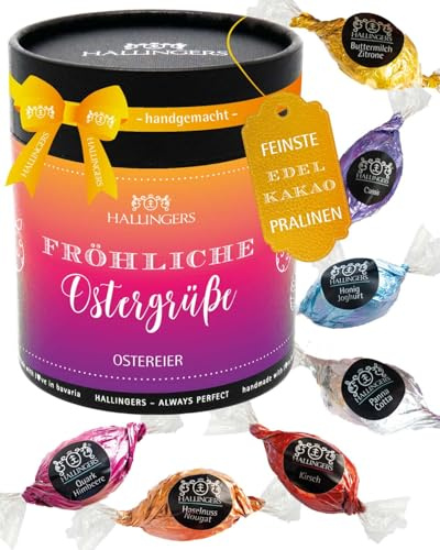 Hallingers Genuss Manufaktur Pralinen-Osterei Oster-Geschenk - ohne Alkohol, handmade aus Edelkakao in wertiger XXL-Geschenkdose Fröhliche Oster..., Ostern Körbchen für Frauen Männer