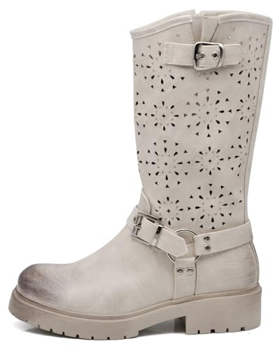 IF Fashion Scarpe da Donna Stivali Primaverili Estivi Traforati Alla Caviglia Biker Motociclista Con Fibbia WZ688-62 beige N.39