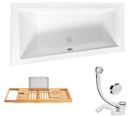 KOLMAN Badewanne INTIMA Eckbadewanne 150x85 Links ohne Verkleidung + Bambus Ablage, Ablaufgarnitur und Füßen Komplettset 4in1 Premium Original Acryl Wanne Siphon