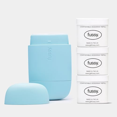 Fussy Refillable Natural Deodorant - Ocean Blue Case & Mint Refill Pack x3 | Wavy Days Scent, Natural, Aluminium Free, Eco-Friendly, Vegan & Cruelty Free, 24 Hour Protection, Plastic-Free Refills