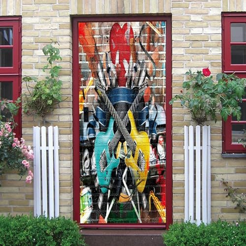 Türaufkleber Selbstklebend Türtapete 3D - Farbige Graffiti-Gitarre 90 X 200 Cm -Türfolie Tür Poster Stickers - Kinderzimmer, Küche, Wohnzimmer, Schlafzimmer, Arbeitszimmer, Bürotür, Foto, Tür -1E3E9L5