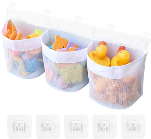 Badewannenspielzeug Aufbewahrung, Badewannenspielzeug Hängeorganizer Tasche Netz, 60x25cm Badespielzeug Aufbewahrungstasche mit 5 Klebehaken, Ideal für Kinder Badewannen (Weiß)