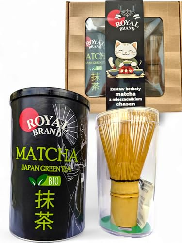 Royal Brand Matcha Set 100 g Organic Matcha Powder and Matcha Broom in Gift Box with Cute Cat Matcha Tea Powder Organic Original Green Tea from Japan Japanese Ideal for Drinking Green Tea for Latte