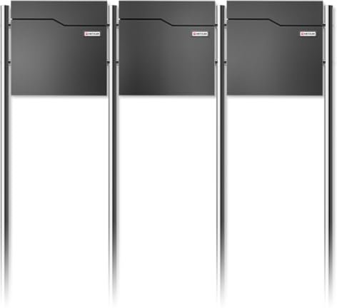 Metzler Buzón de pie para 3 partidos en DB 703 Eisenglimmer – Buzón independiente para edificio de apartamentos con compartimento para periódicos, patas de acero inoxidable y placa de nombre