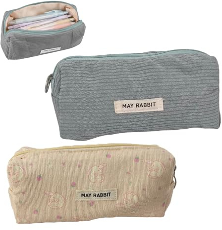 SHUOHONG 2 Stück Federmäppchen Cord-Stoff, Waschbar Stiftemäppchen, Tragbares Federmäppchen mit Reißverschluss, Pencil Case für Teenager (Blaugrau+Rosa Kaninchen)