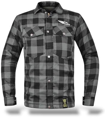 TLA GRID camicia moto con protezioni, giacca in flanella a quadri con rinforzi in Aramide, taglie sino 6XL unisex Uomo e Donna, giubbotto moto e scooter vintage, Cafè racer, zip e bottoni, Grigio, 3XL