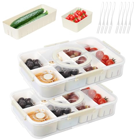 OSTWOLKE Snackbox mit Fächern, 2 Stück Snackteller aus PP (14 Fächern + 8 Edelstahlgabeln), Snackschale mit Auslaufsicherer Deckel und Griff für Snacks Obst Nüsse Keksen Süßigkeiten, für Partys Picnic
