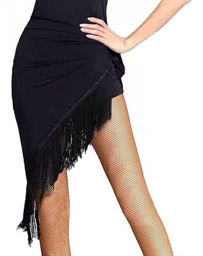 Gonna da Ballo Latino da Donna, con Frange, Salsa, Tango, Danza, Allenamento, Sciarpa, Vestito da Performance, Nero, Taglia Unica