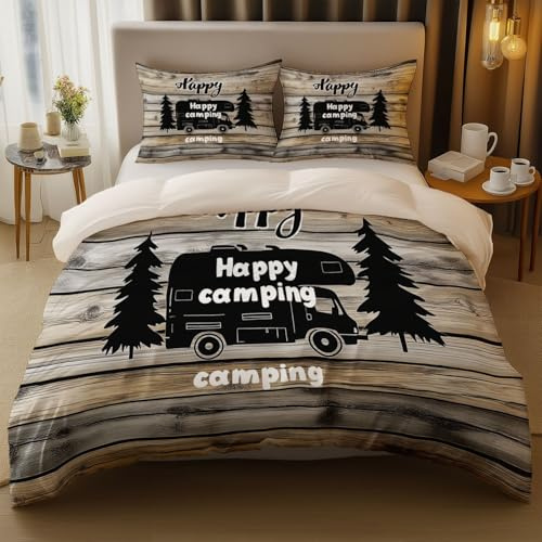 Set Copripiumino 3 pezzi in Morbida Microfibra 230 x 220 cm con 2 Federe 50 x 75 cm, Biancheria da Letto Estiva Texture Legno Campeggio Camper Tema, Copripiumino Reversibile Albicocca