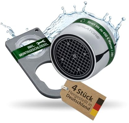 4 x M22 PERLATOR® Wassersparender Strahlregler inkl. Flachschlüssel ~ 5.7 l/min Original Perlator Wasserhahn Aufsatz für Armaturen mit Außengewinde