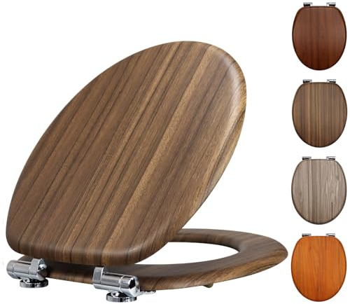 Fanmitrk Standard Wooden Toilet Seat Soft Close, MDF Adjustable Zinc Alloy Hinges with Bottom Fixture,Easy to Clean and Install for Bathroom(JHE175-1-01)